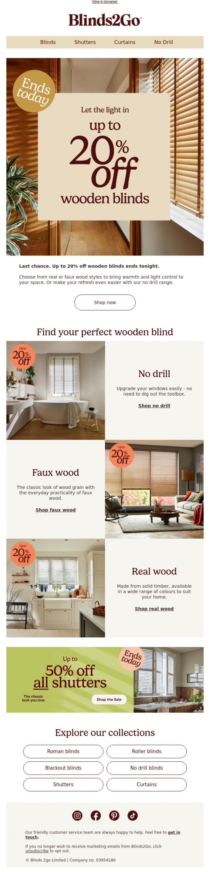 Email Design Inspiration from Blinds 2go Promotions Team, Last chance: up to 20% off wooden blinds
