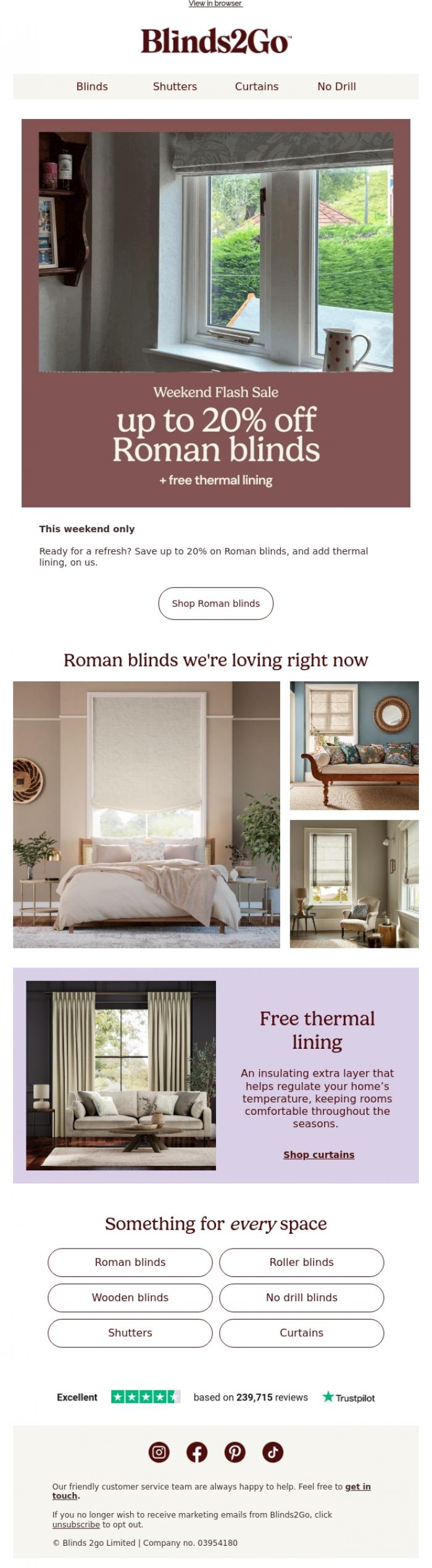 Email Design Inspiration from Blinds 2go Promotions Team, The Roman blinds event is on