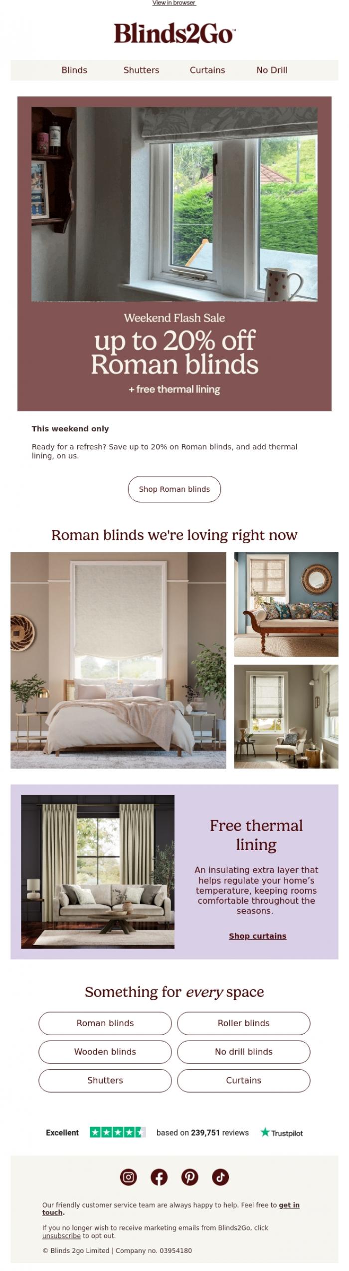 Email Design Inspiration from Blinds 2go Promotions Team, 20% off Roman blinds this weekend