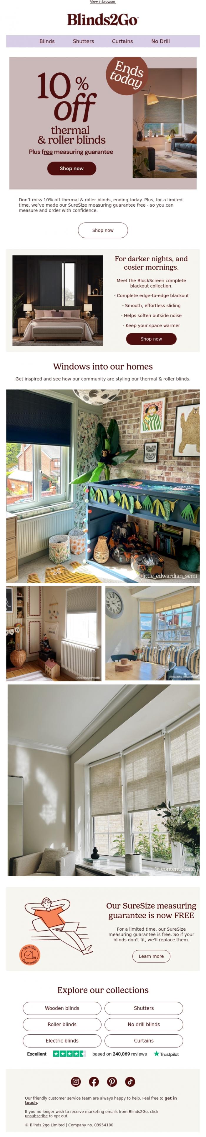 Email Design Inspiration from Blinds 2go Promotions Team, Ends today: 10% off thermal & roller blinds