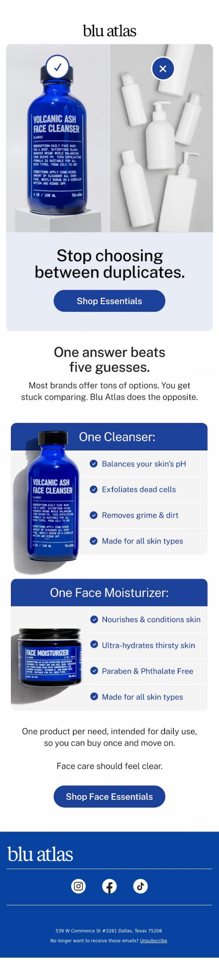 Email Design Inspiration from Blu Atlas, One need? One product.
