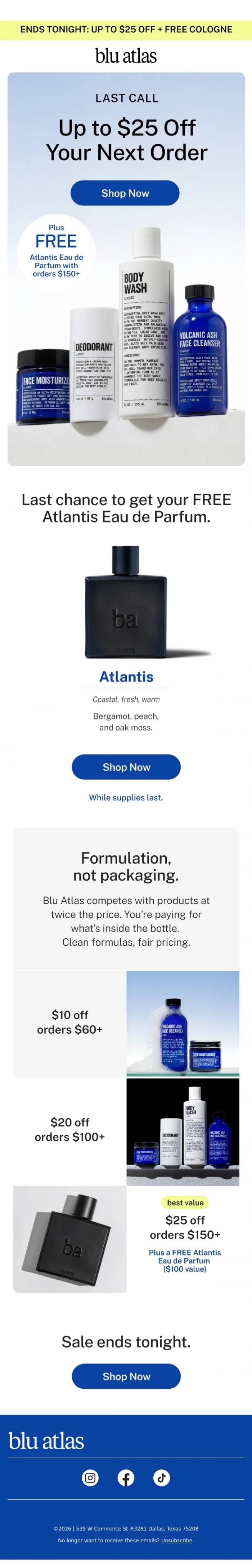 Email Design Inspiration from Blu Atlas, Last Call: Up to $25 Off. Ends tonight