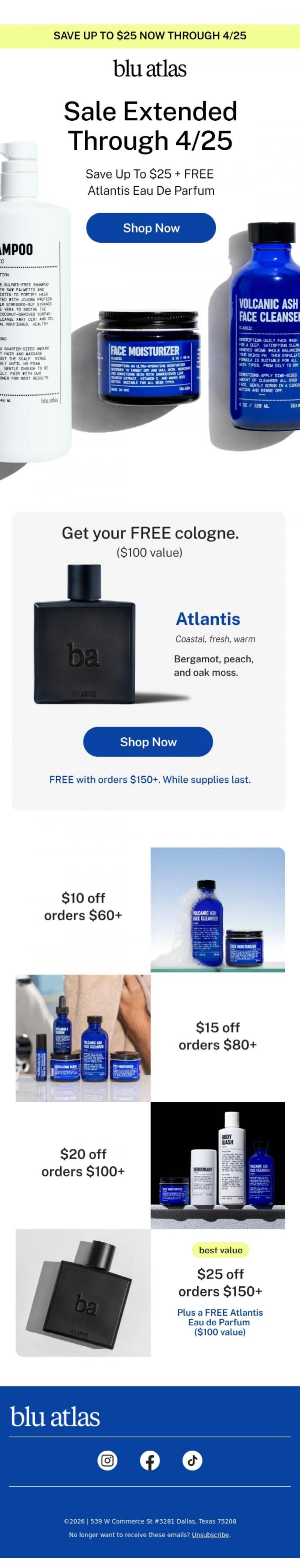 Email Design Inspiration from Blu Atlas, EXTENDED: Free $100 cologne + Up to $25 off!