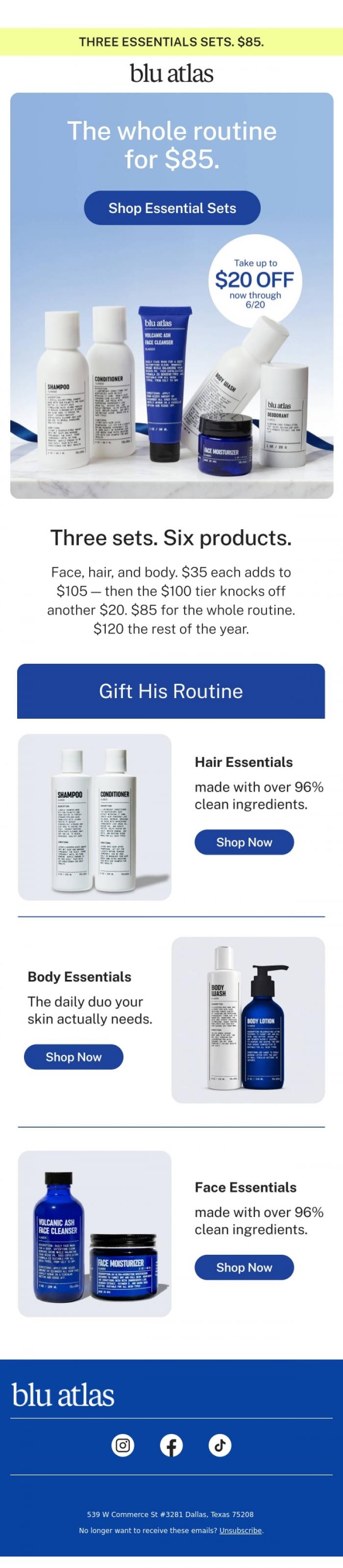 Email Design Inspiration from Blu Atlas, All three Essentials sets for $85.