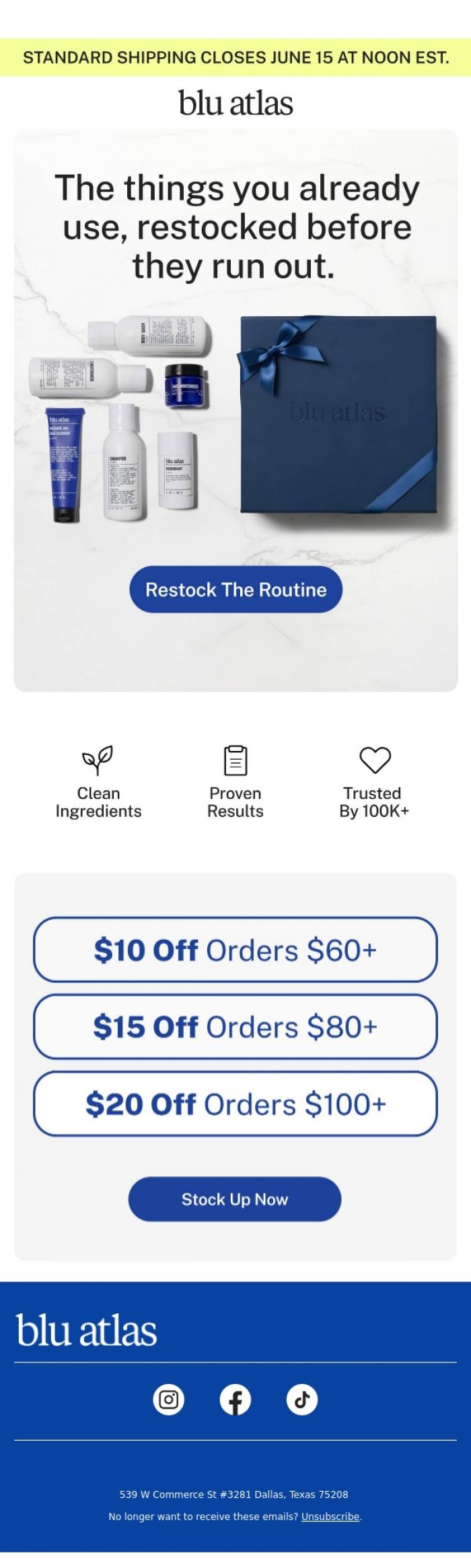 Email Design Inspiration from Blu Atlas, Stock up. Gift a dad. Save up to $20.