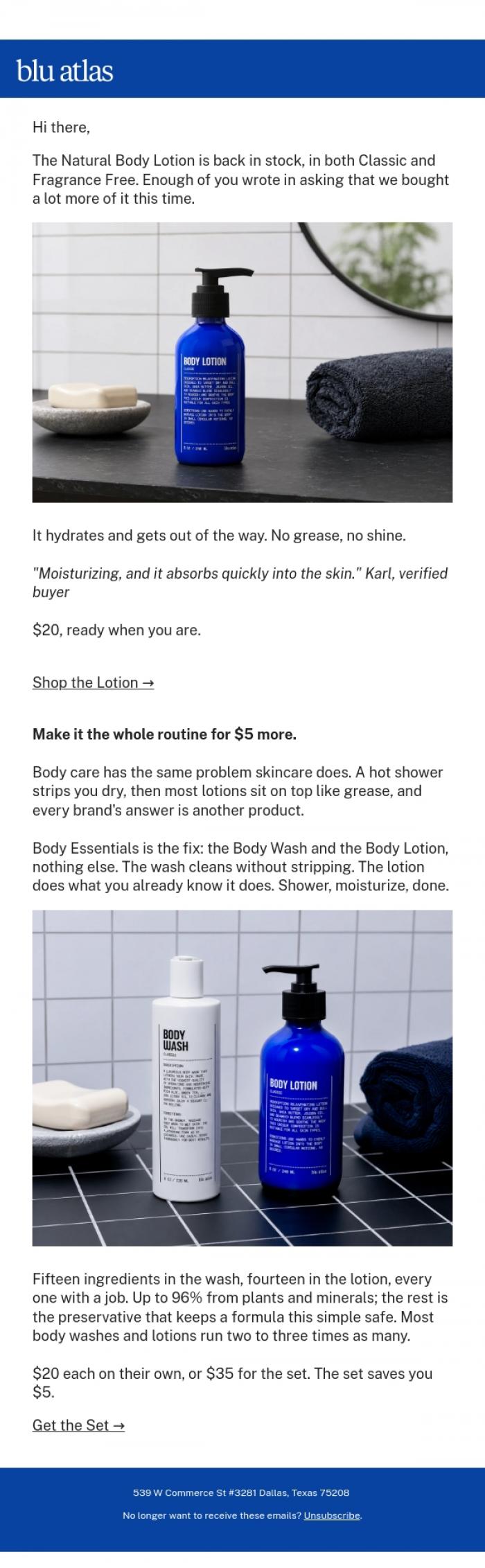 Email Design Inspiration from Blu Atlas, You asked. The Natural Body Lotion is back. 🚨