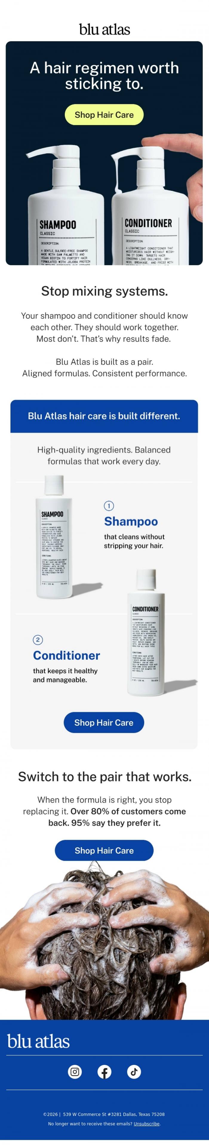 Email Design Inspiration from Blu Atlas, Our shampoo + conditioner? Yeah, they get each other.