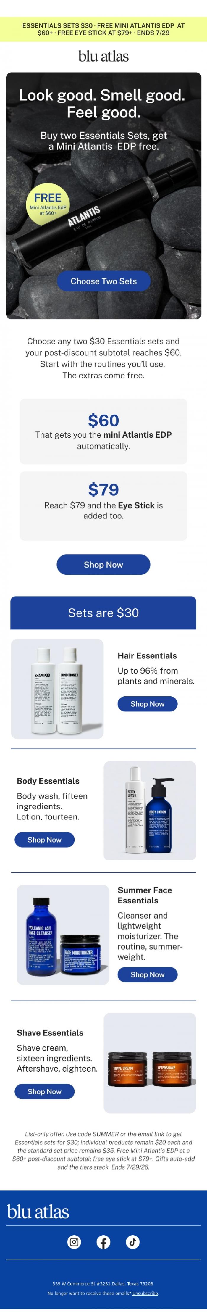 Email Design Inspiration from Blu Atlas, Two $30 sets &rarr; Free mini fragrance.