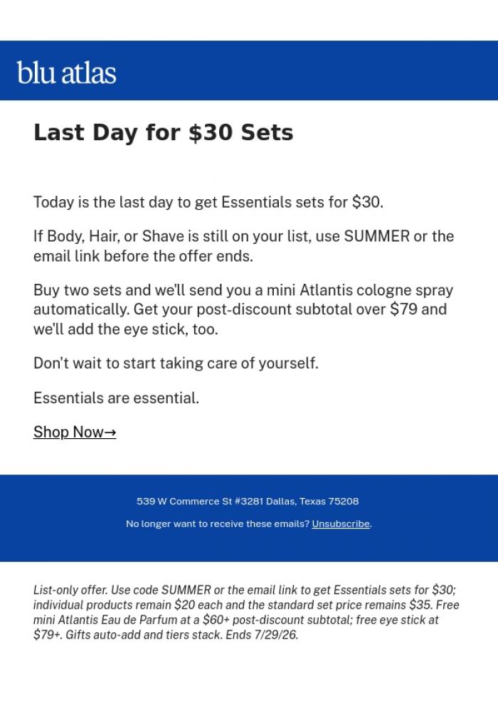 Email Design Inspiration from Blu Atlas, Last day to get the set for $30