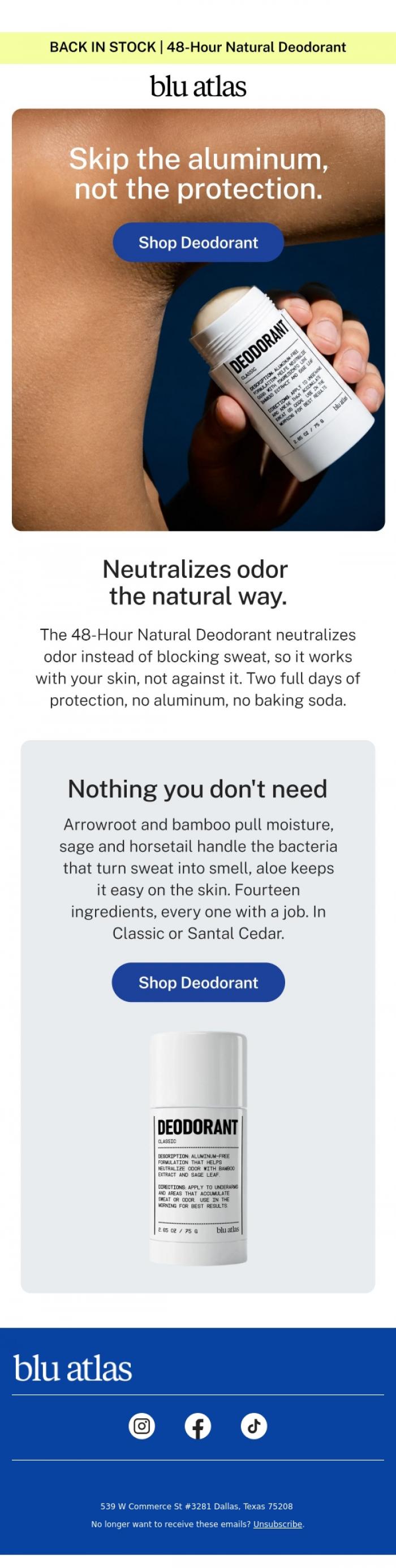 Email Design Inspiration from Blu Atlas, Back in stock: the 48-hour natural deodorant