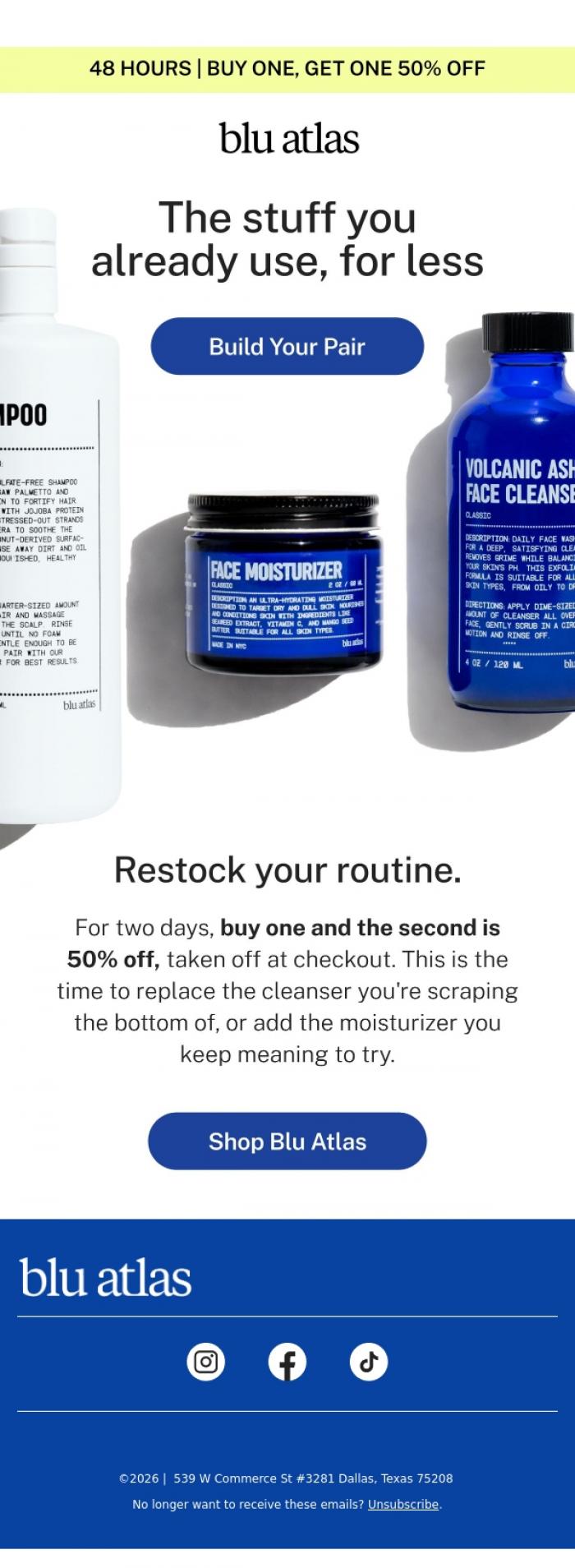 Email Design Inspiration from Blu Atlas, 48 HOURS ONLY: BOGO 50% OFF