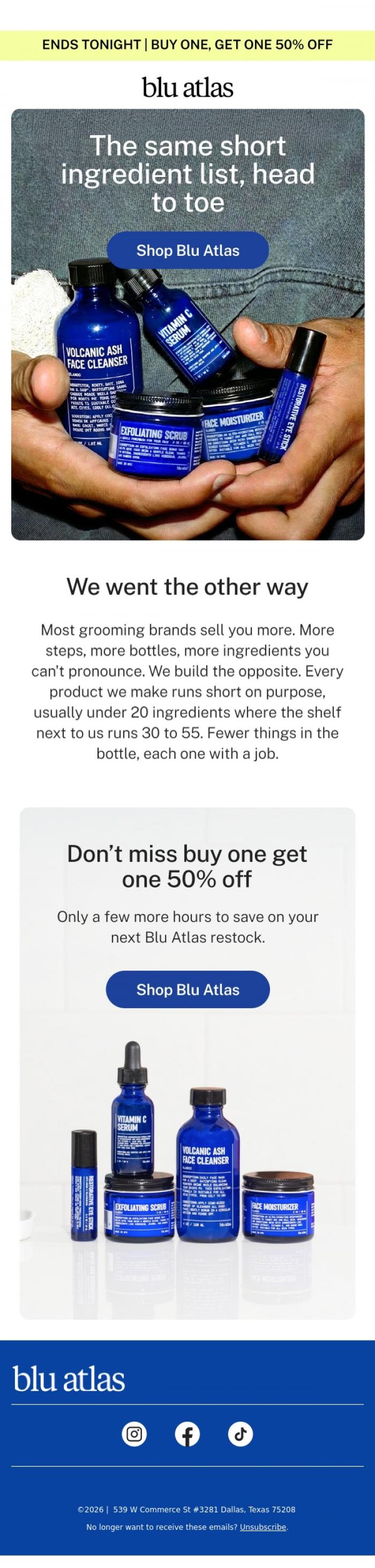 Email Design Inspiration from Blu Atlas, Don't miss BOGO 50% Off
