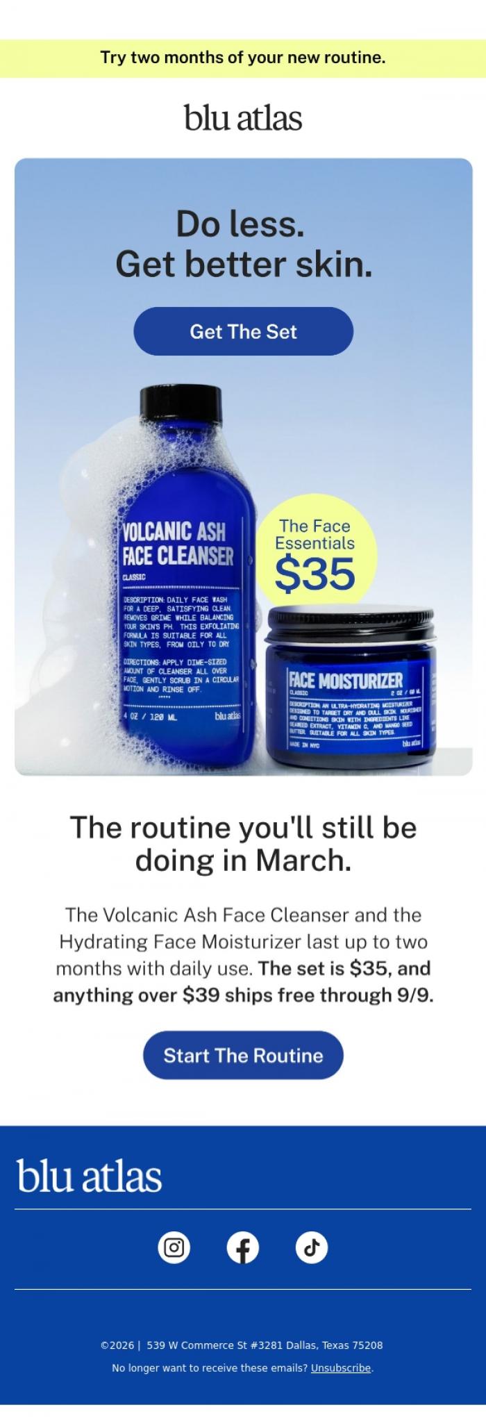 Email Design Inspiration from Blu Atlas, The whole routine is a cleanser and a moisturizer