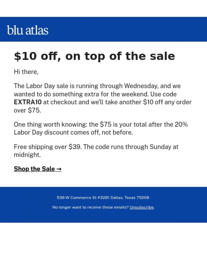 Email Design Inspiration from Blu Atlas, Extra $10 off this weekend
