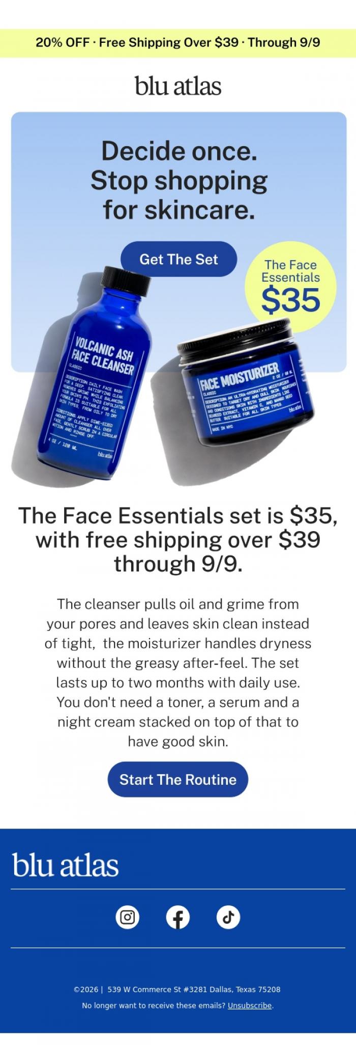 Email Design Inspiration from Blu Atlas, The whole routine costs $35. 20% off through 9/9.