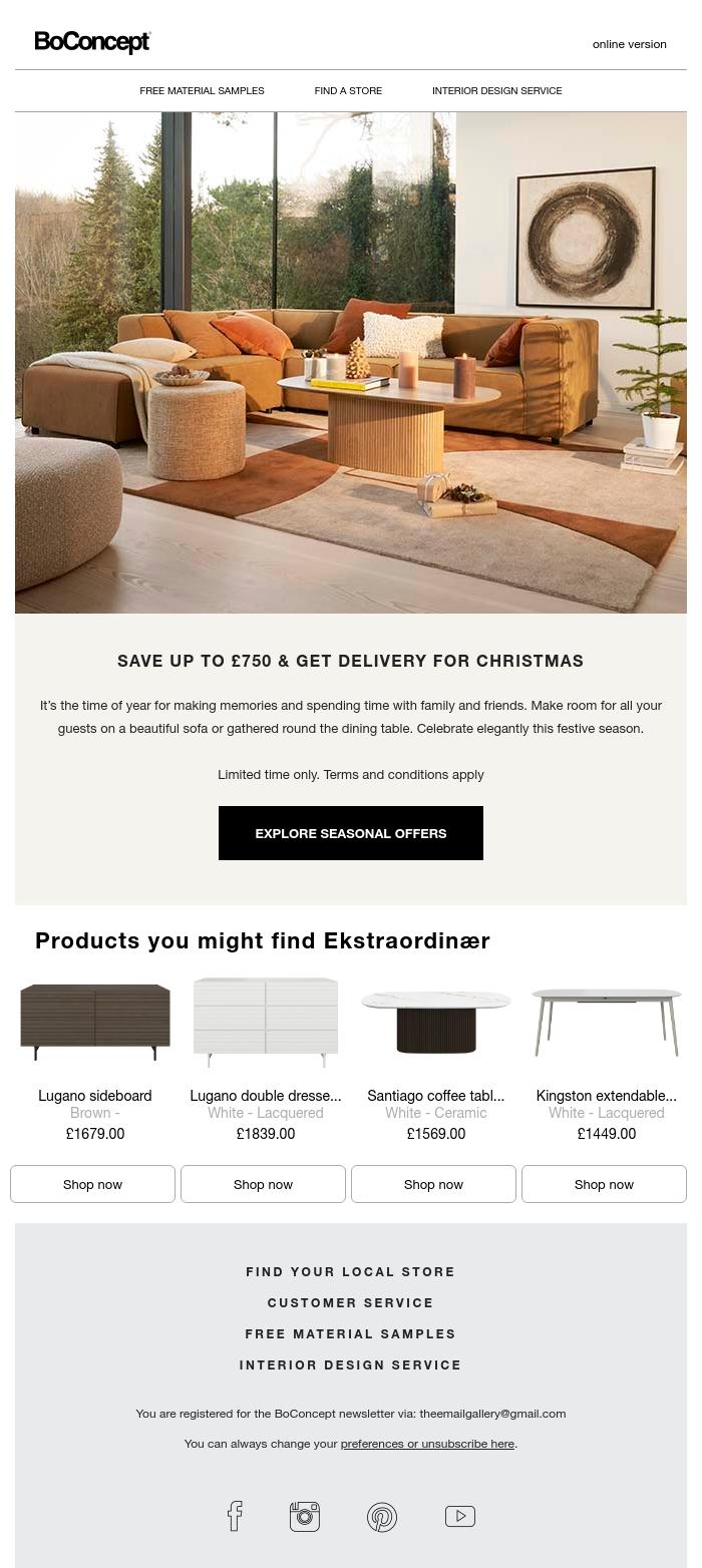 Email Design Inspiration from BoConcept, Seasonal Offers. Save up to &pound;750