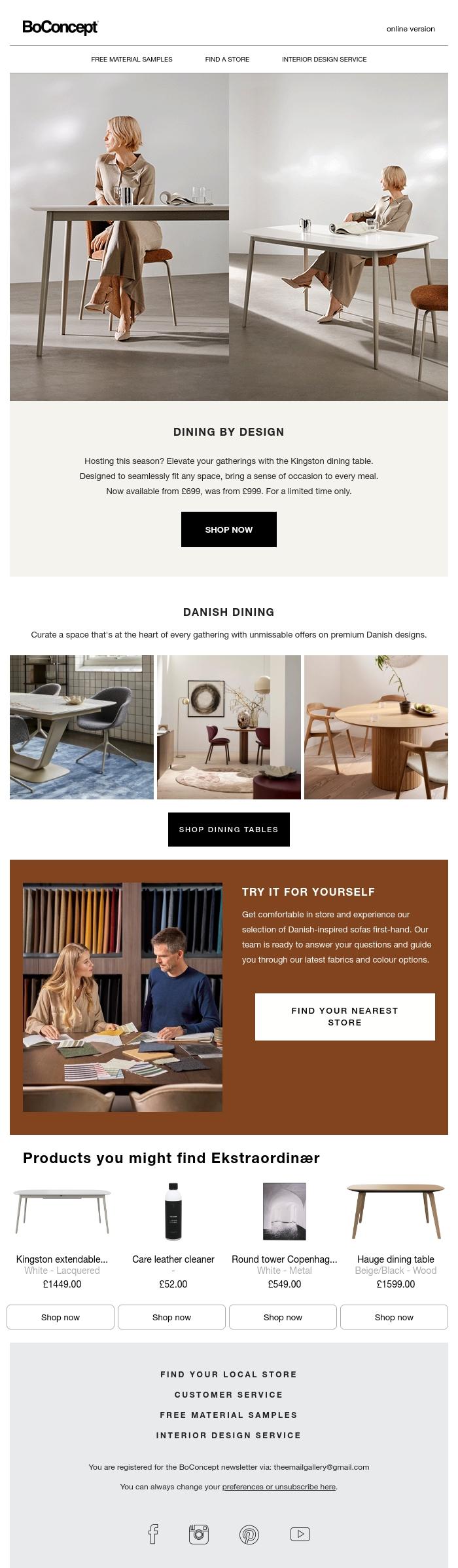 Email Design Inspiration from BoConcept, Unlock Dining Offers