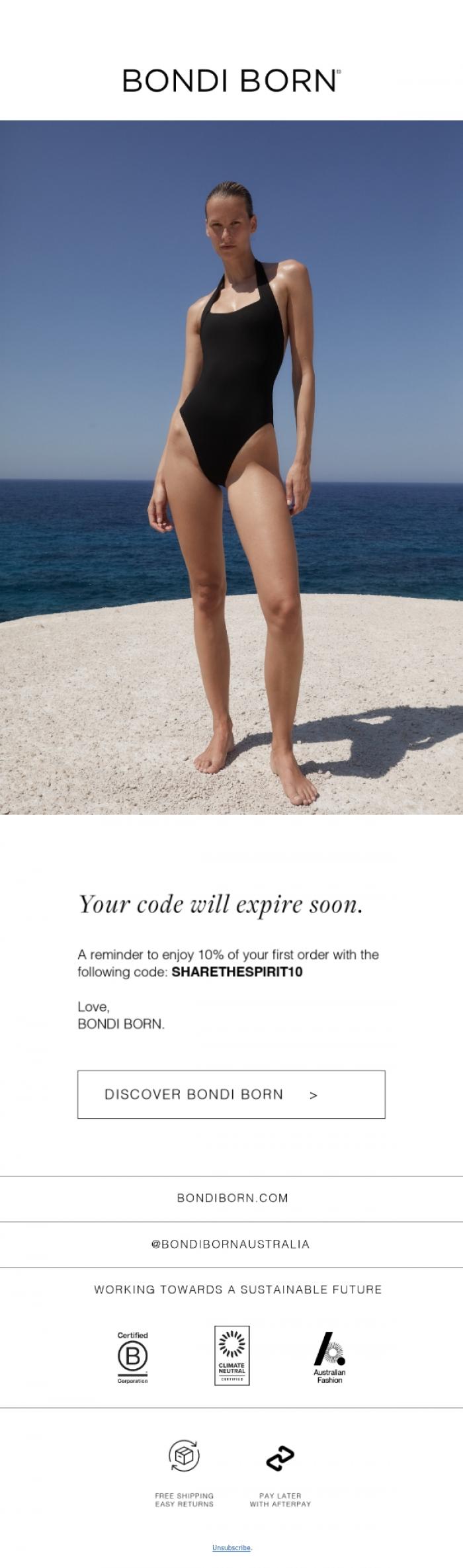Email Design Inspiration from BONDI BORN, 10% off is waiting for you.