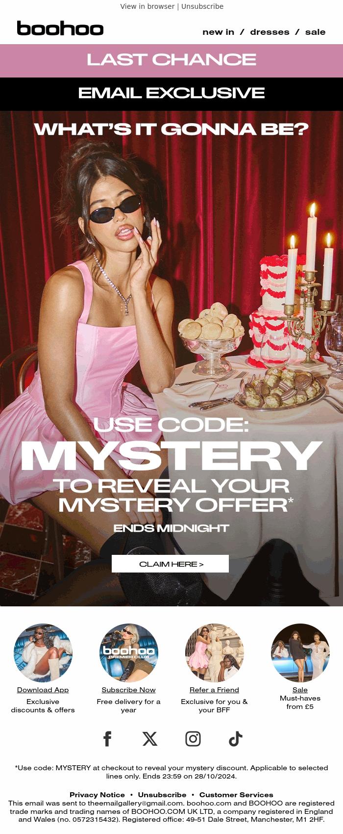 Email Design Inspiration from boohoo, Last Chance to Reveal Your Mystery Offer 🔮