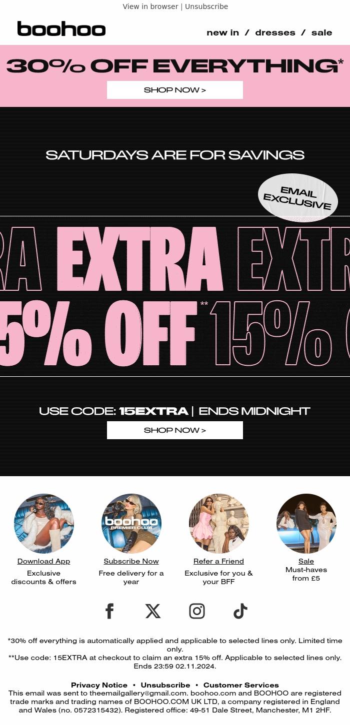 Email Design Inspiration from boohoo, 30% Off Everything + Extra 15% Off ⭐