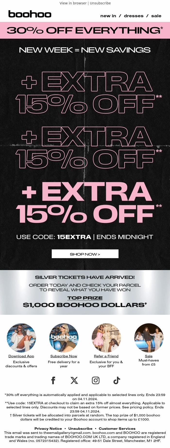 Email Design Inspiration from boohoo, Extra 15% Off For You 🫵
