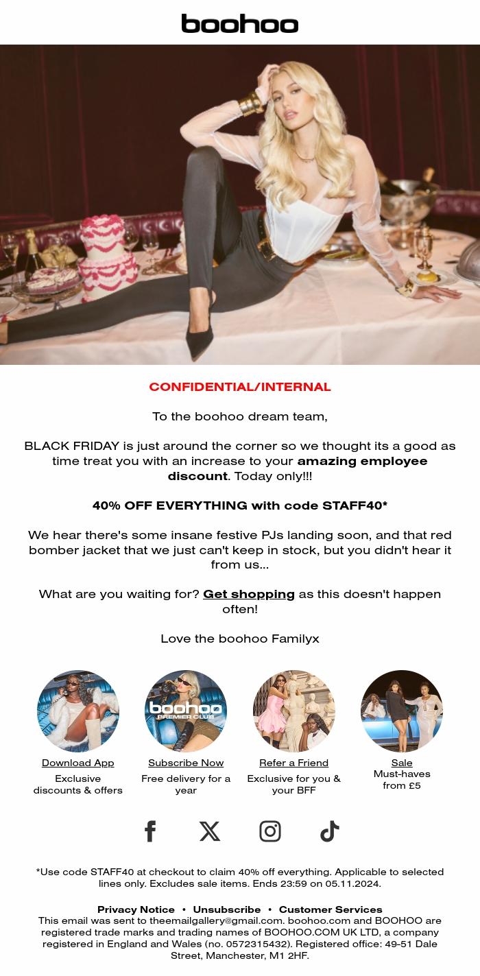 Email Design Inspiration from boohoo, TODAY ONLY: STAFF DISCOUNT 40% OFF