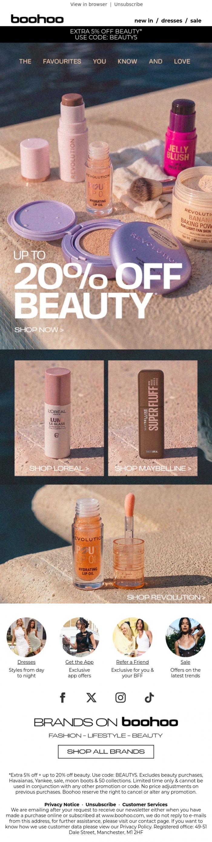 Email Design Inspiration from boohoo, Up to 20% off beauty 💄