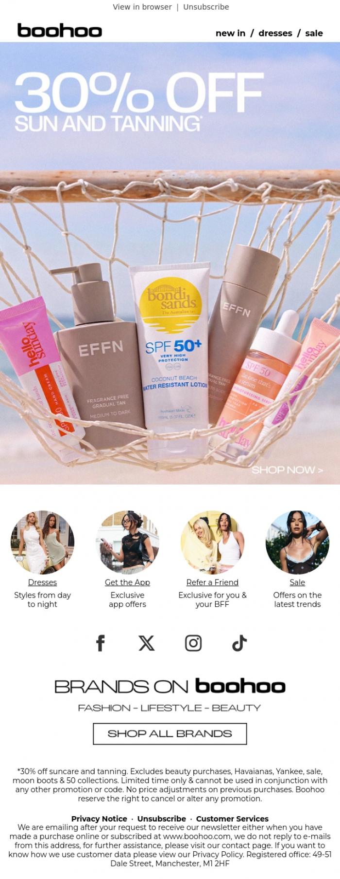 Email Design Inspiration from boohoo, 30% off suncare ☀️