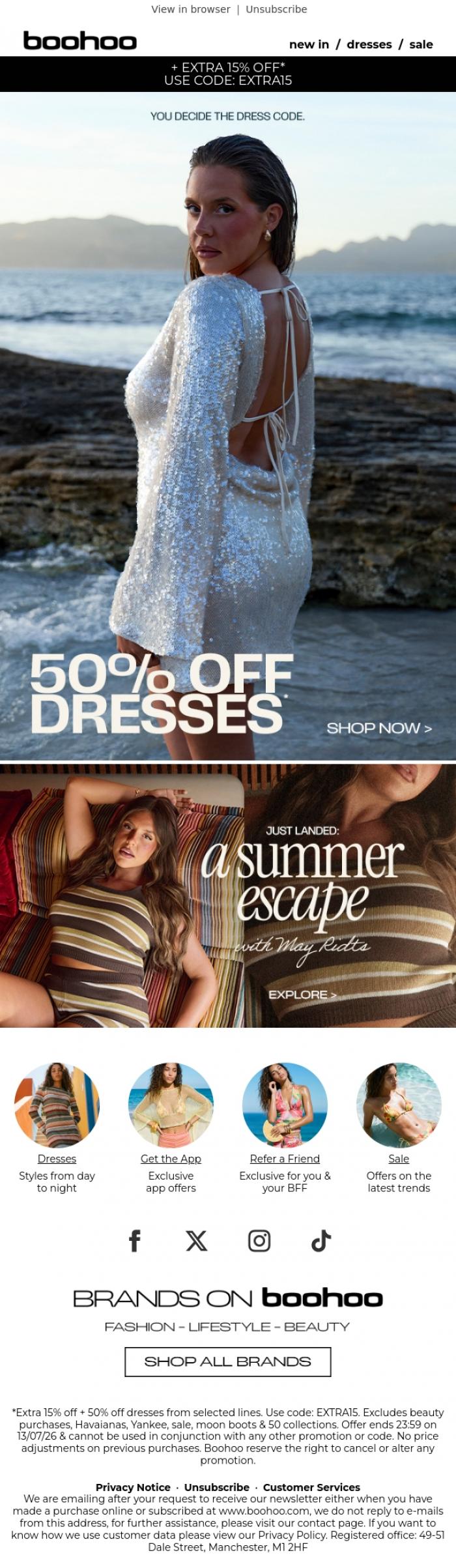 Email Design Inspiration from boohoo, 50% off dresses 🫨