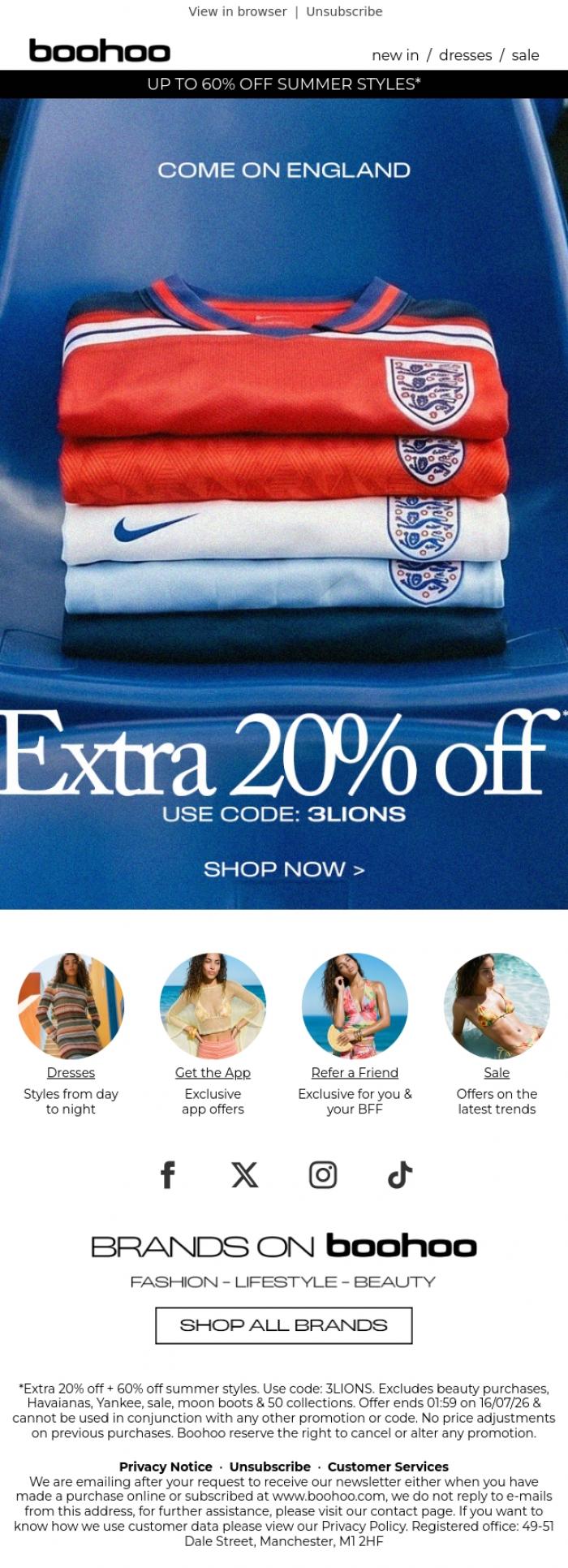 Email Design Inspiration from boohoo, We heard it's coming home 🦁🏆