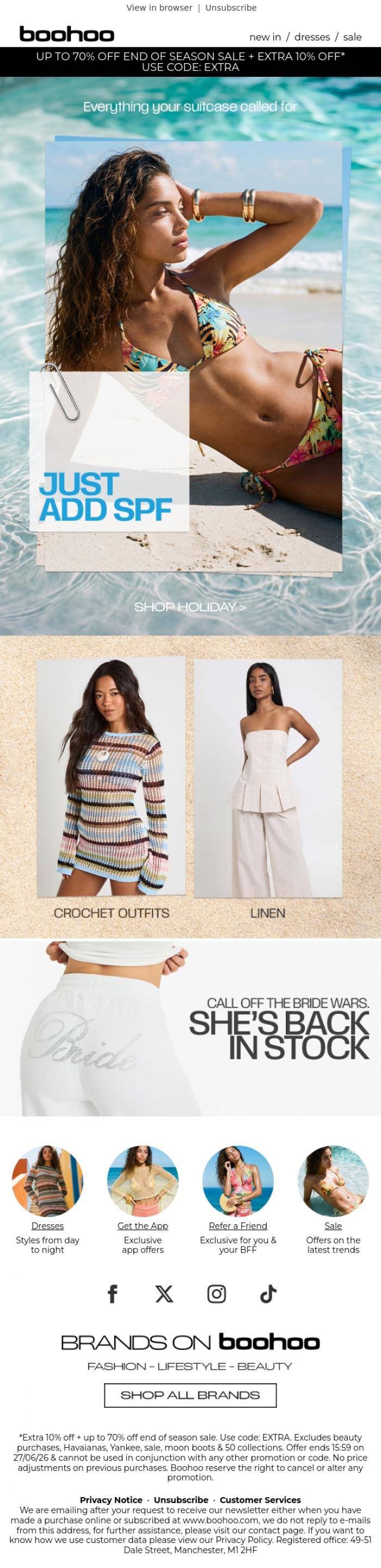 Email Design Inspiration from boohoo, Boarding now: up to 70% off ✈️