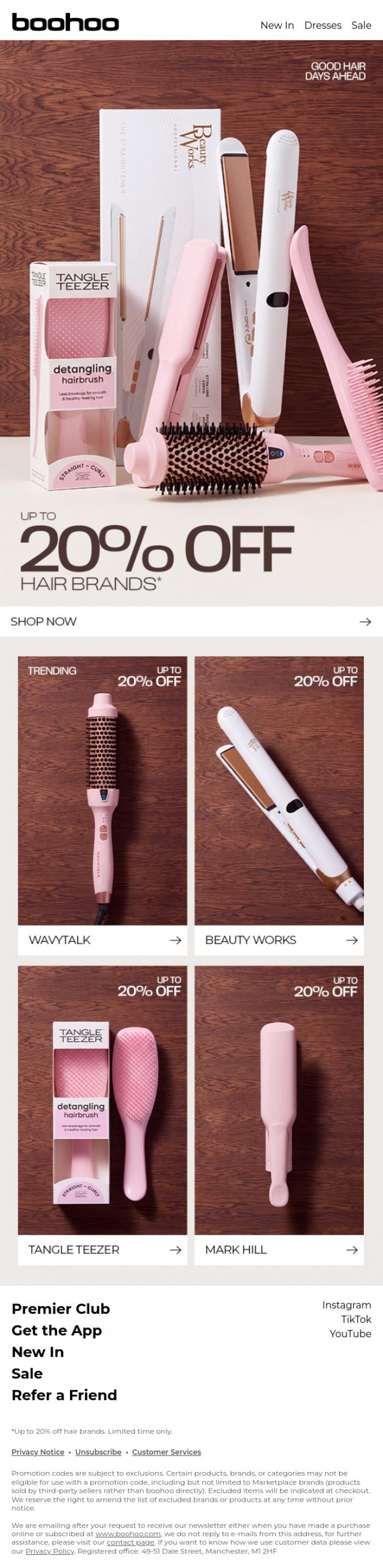 Email Design Inspiration from boohoo, Up to 20% off hair brands 💗