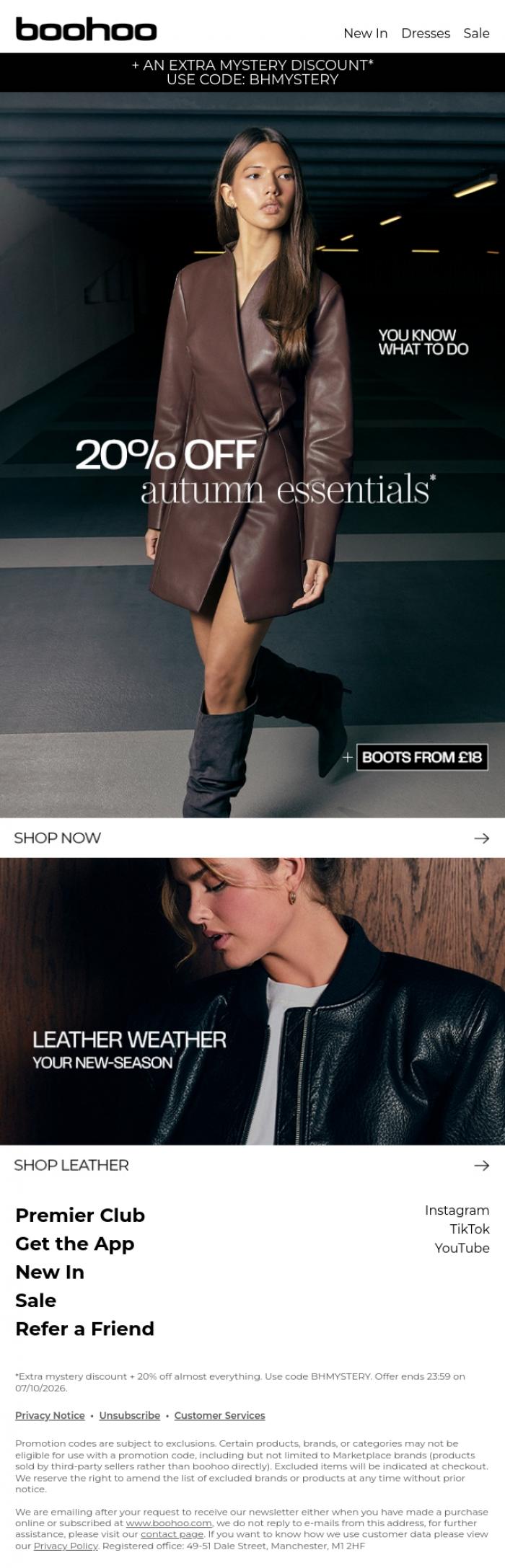 Email Design Inspiration from boohoo, 20% off Autumn essentials 🍂