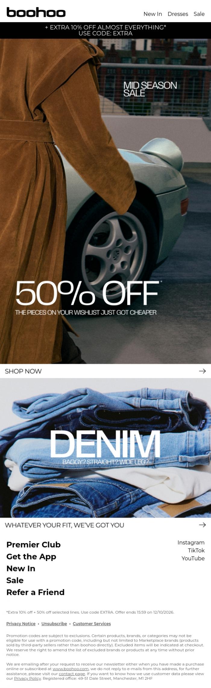 Email Design Inspiration from boohoo, Mid season sale: 50% off 😍