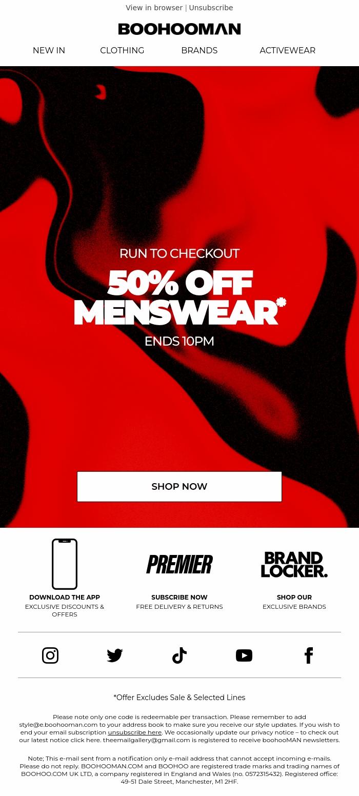 Email Design Inspiration from boohooMAN, 50% Off Just Dropped
