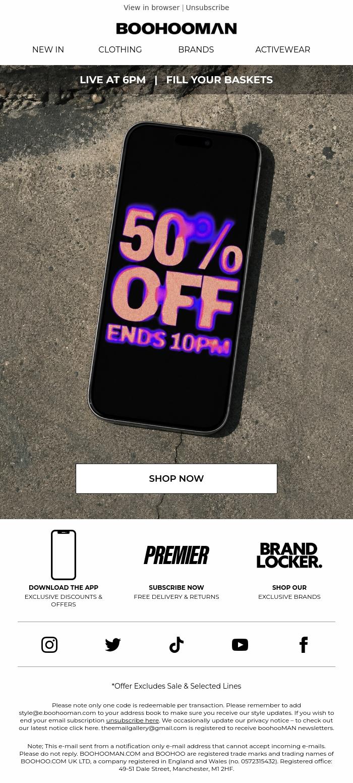 Email Design Inspiration from boohooMAN, 50% Off Drop 6pm