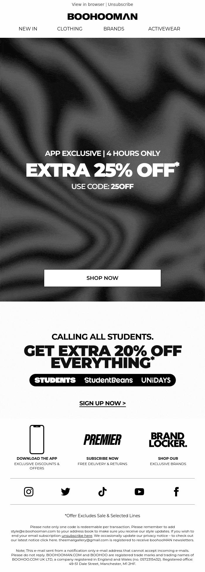 Email Design Inspiration from boohooMAN, Extra 25% Off Just Landed