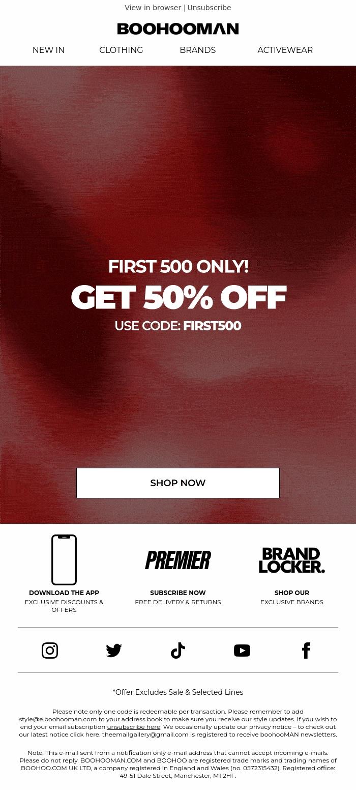 Email Design Inspiration from boohooMAN, It's Here! 50% Off Just Dropped