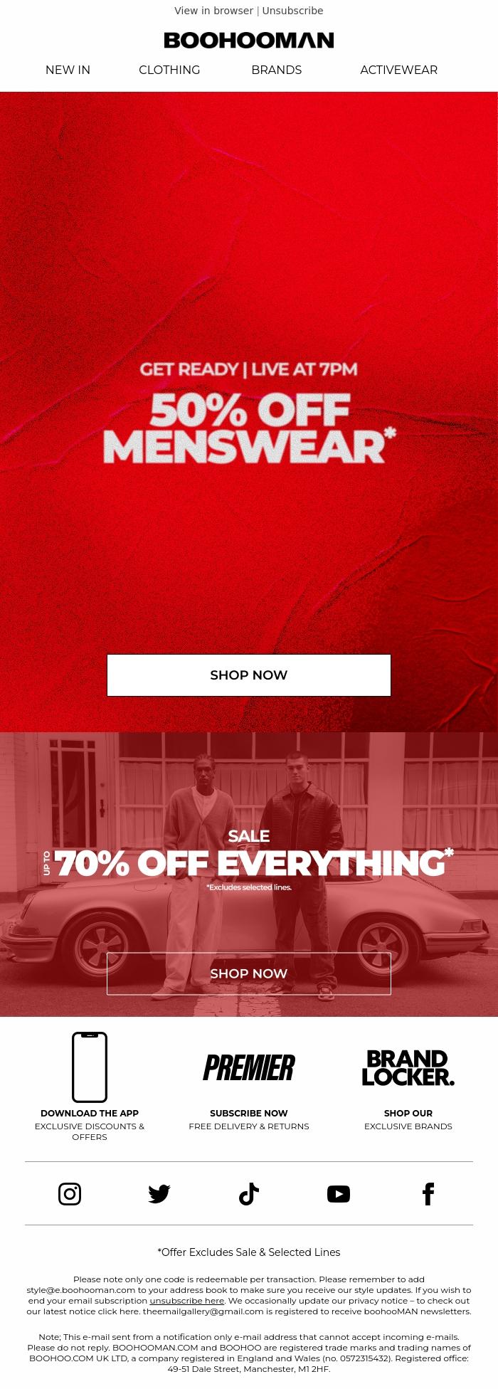 Email Design Inspiration from boohooMAN, 50% Off Live At 7pm