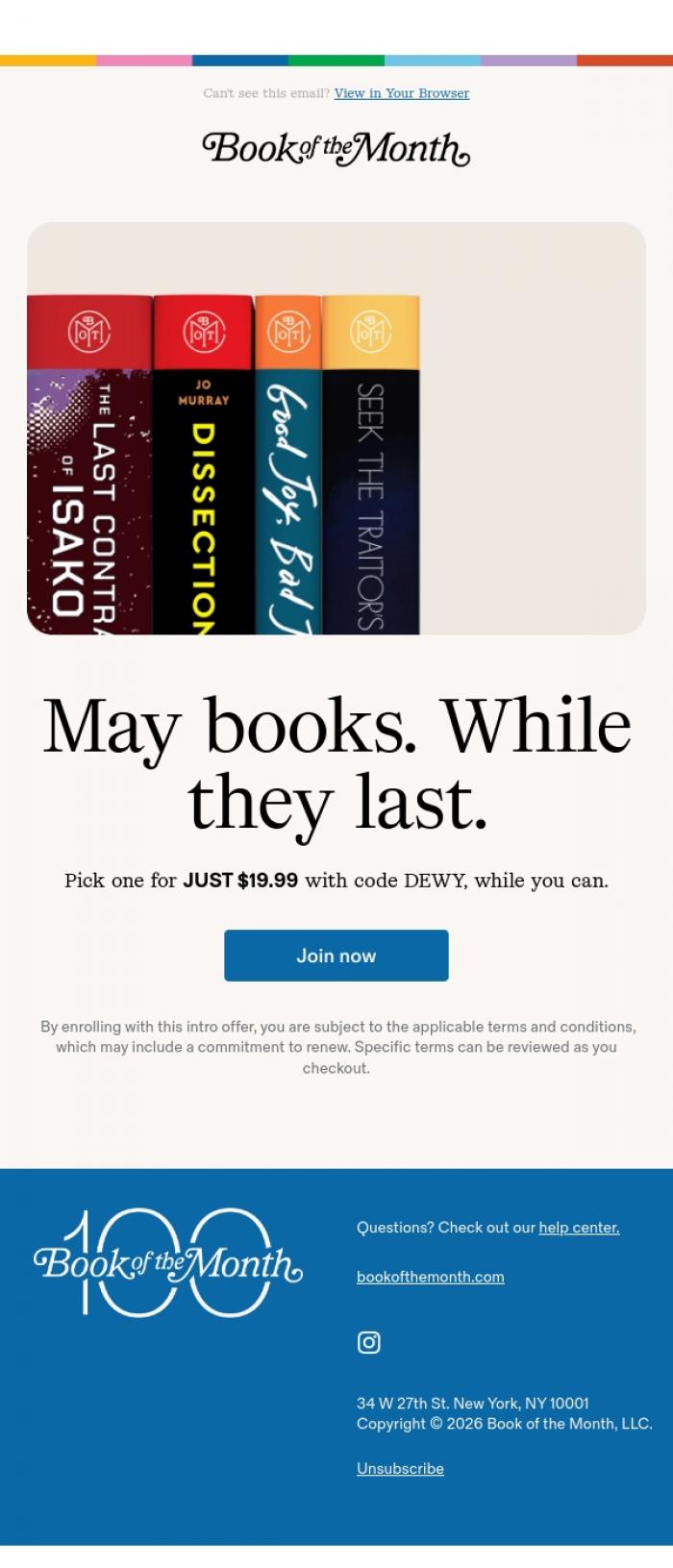 Email Design Inspiration from Book of the Month, FYI, May books leave soon.