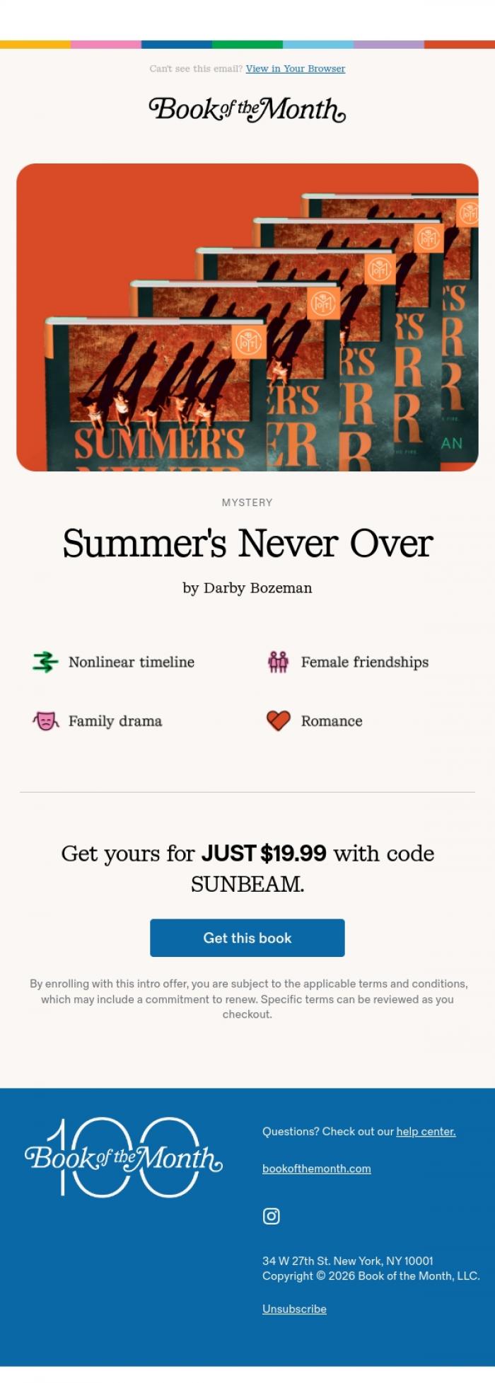 Email Design Inspiration from Book of the Month, S'mores, secrets, and an unsolved murder.