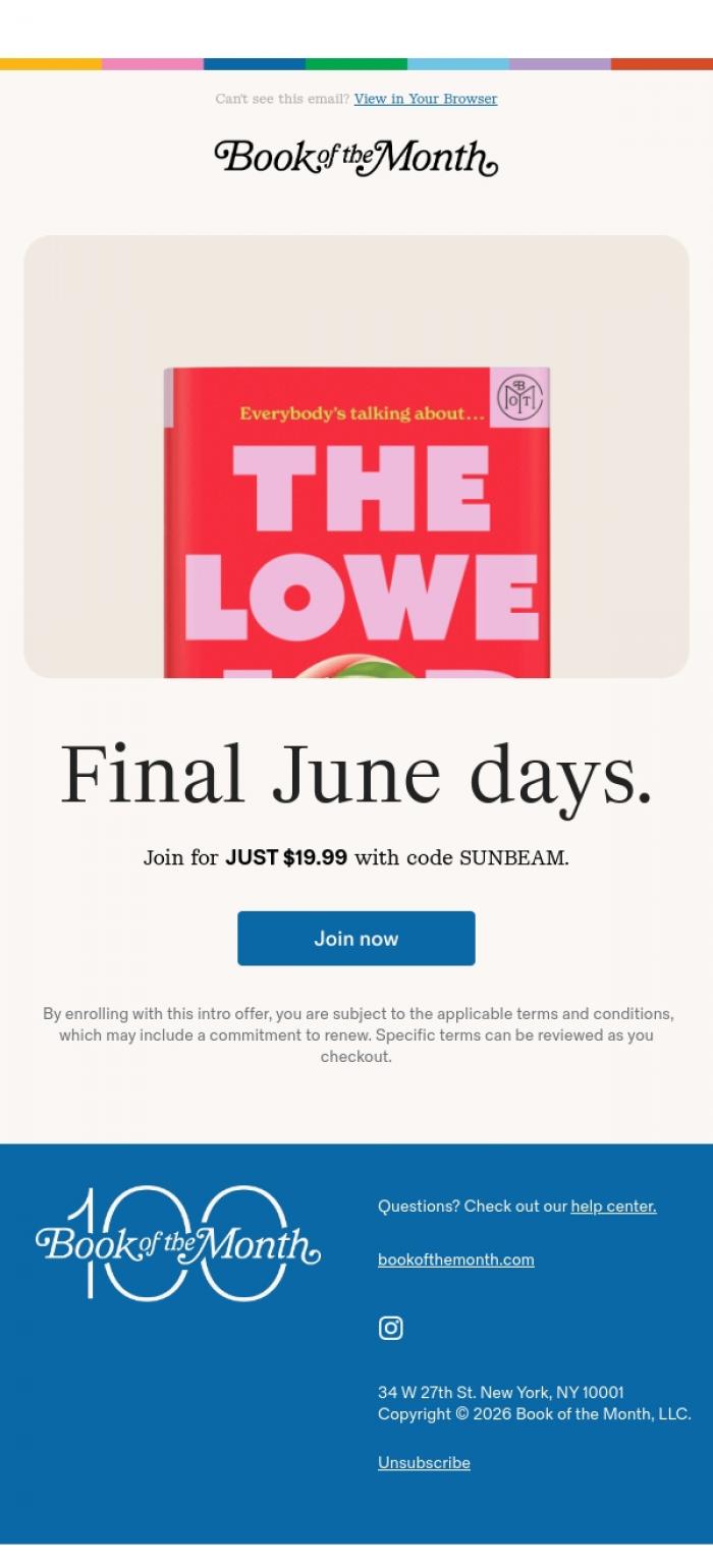 Email Design Inspiration from Book of the Month, $19.99 books are leaving.