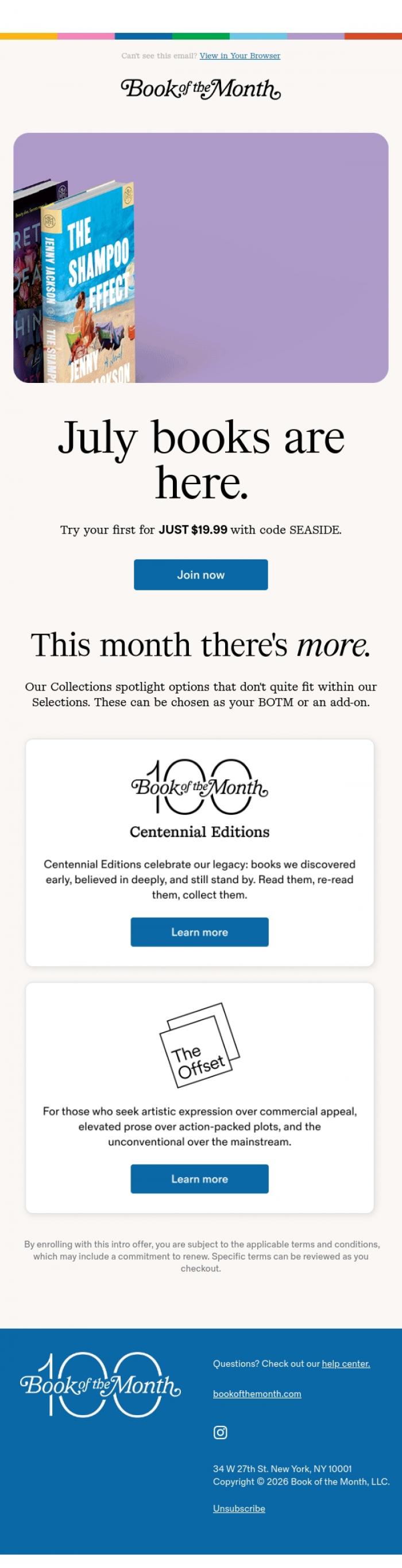 Email Design Inspiration from Book of the Month, July book drop.