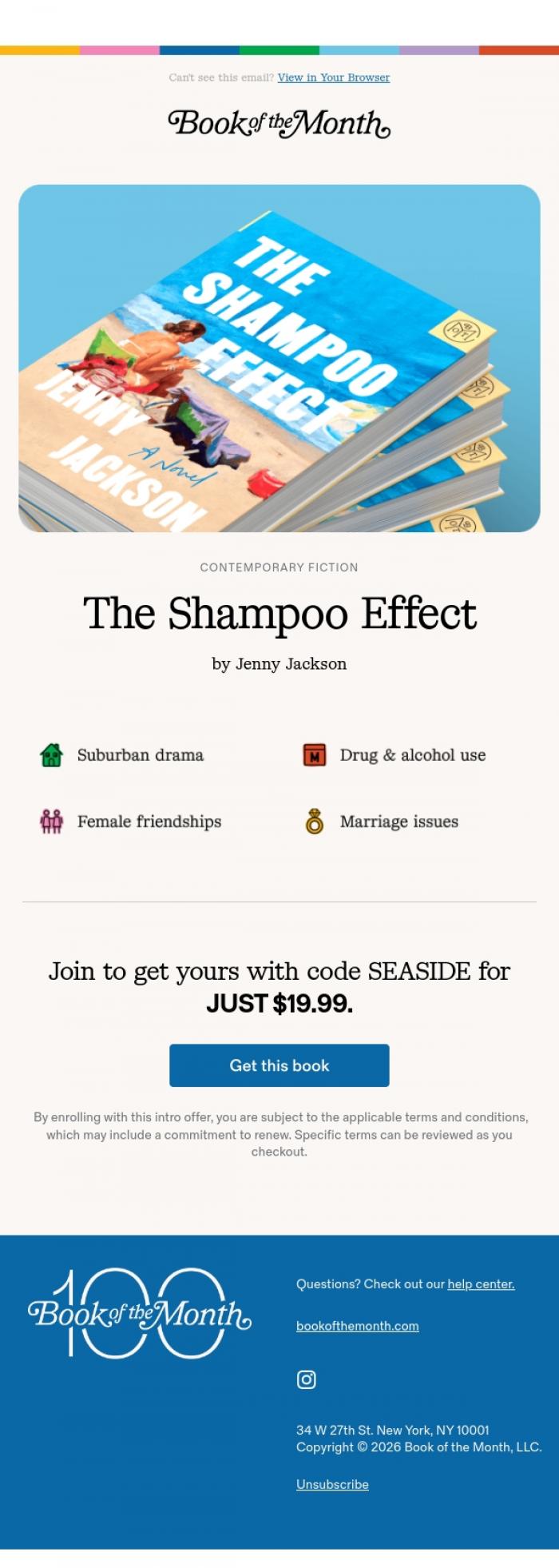 Email Design Inspiration from Book of the Month, Coastal charm and small-town chaos.