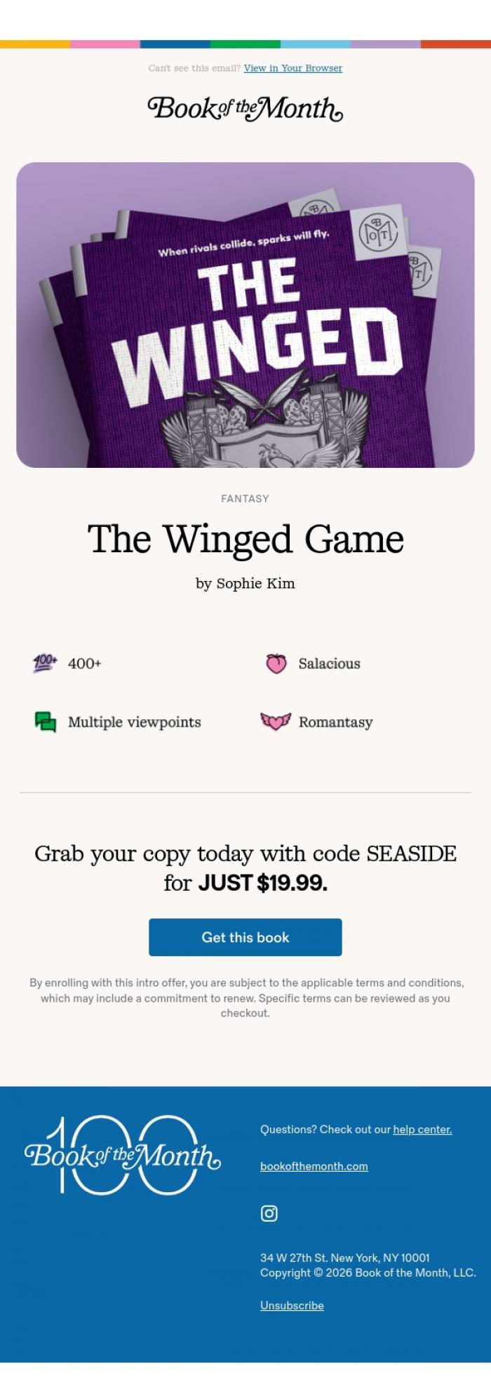 Email Design Inspiration from Book of the Month, A sports romance.