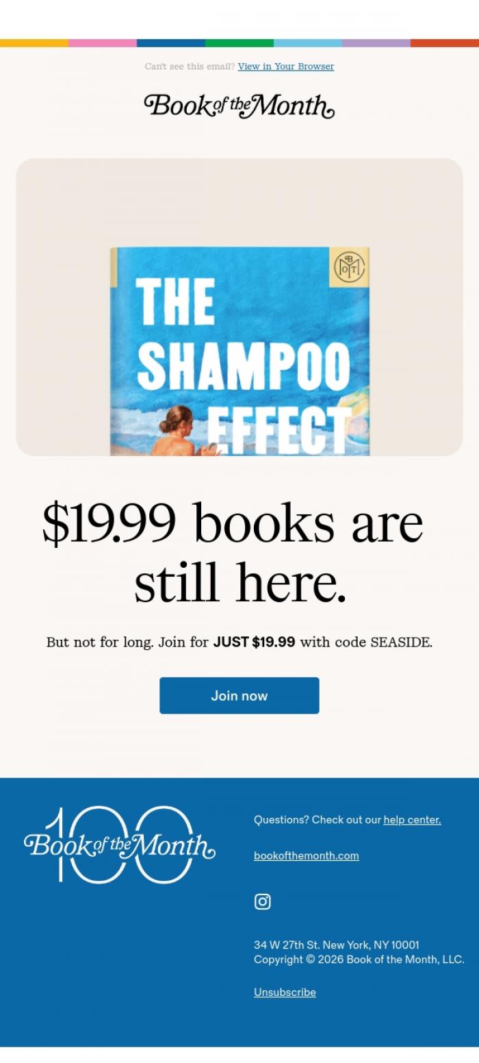 Email Design Inspiration from Book of the Month, Final call for $19.99 books.
