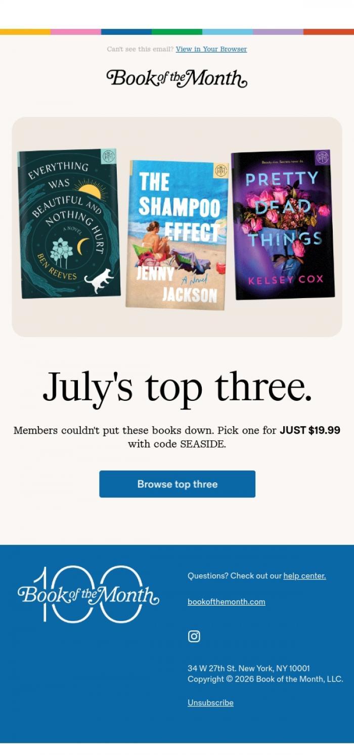 Email Design Inspiration from Book of the Month, July's top reads.