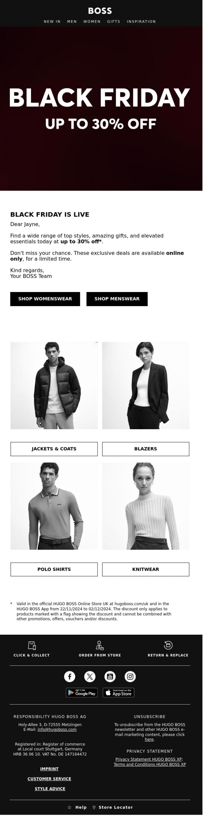 Email Design Inspiration from BOSS News, Up to 30% Off | Online Only | Are You Ready? Black Friday is LIVE