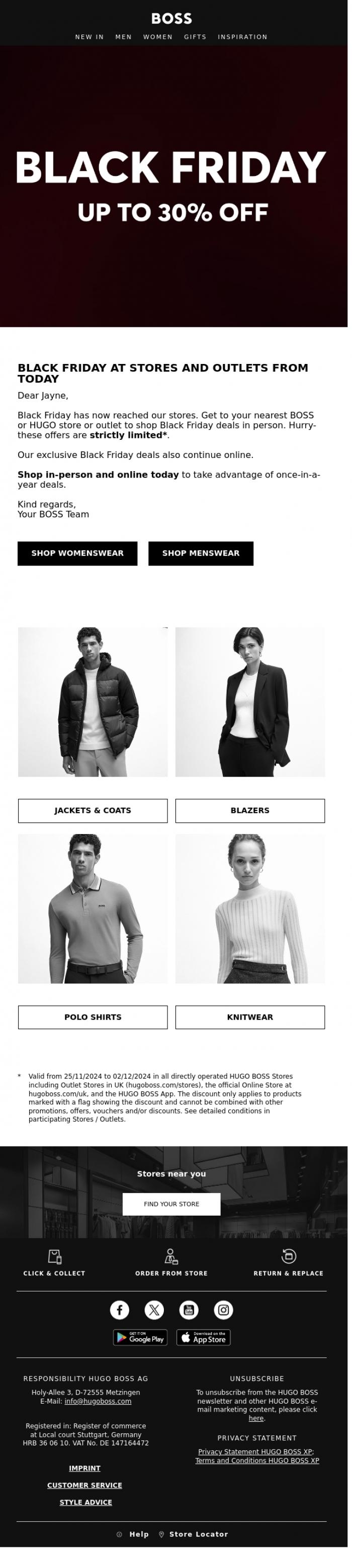 Email Design Inspiration from BOSS News, Up to 30% Off: Now in Stores, Outlets, and Online