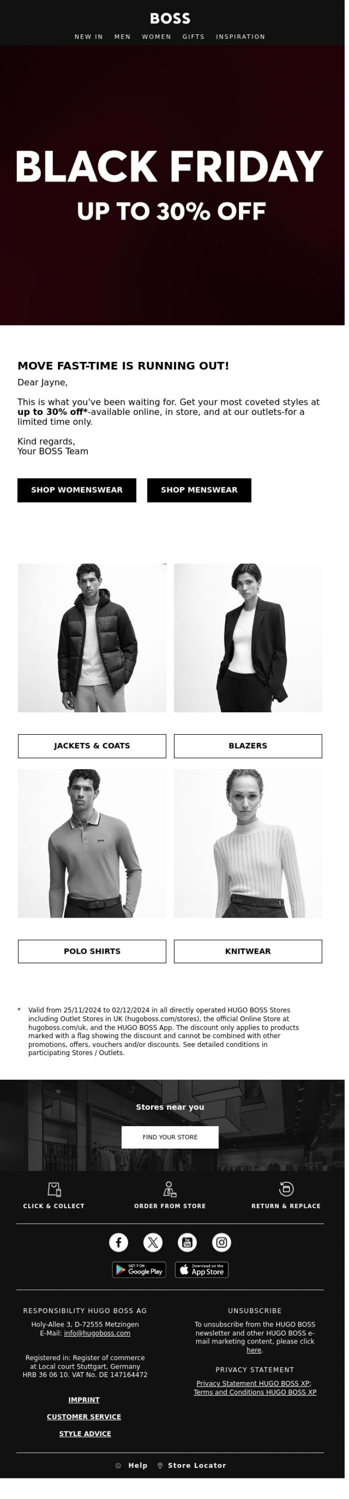 Email Design Inspiration from BOSS News, Up to 30% Off | It's go time: Black Friday is Live